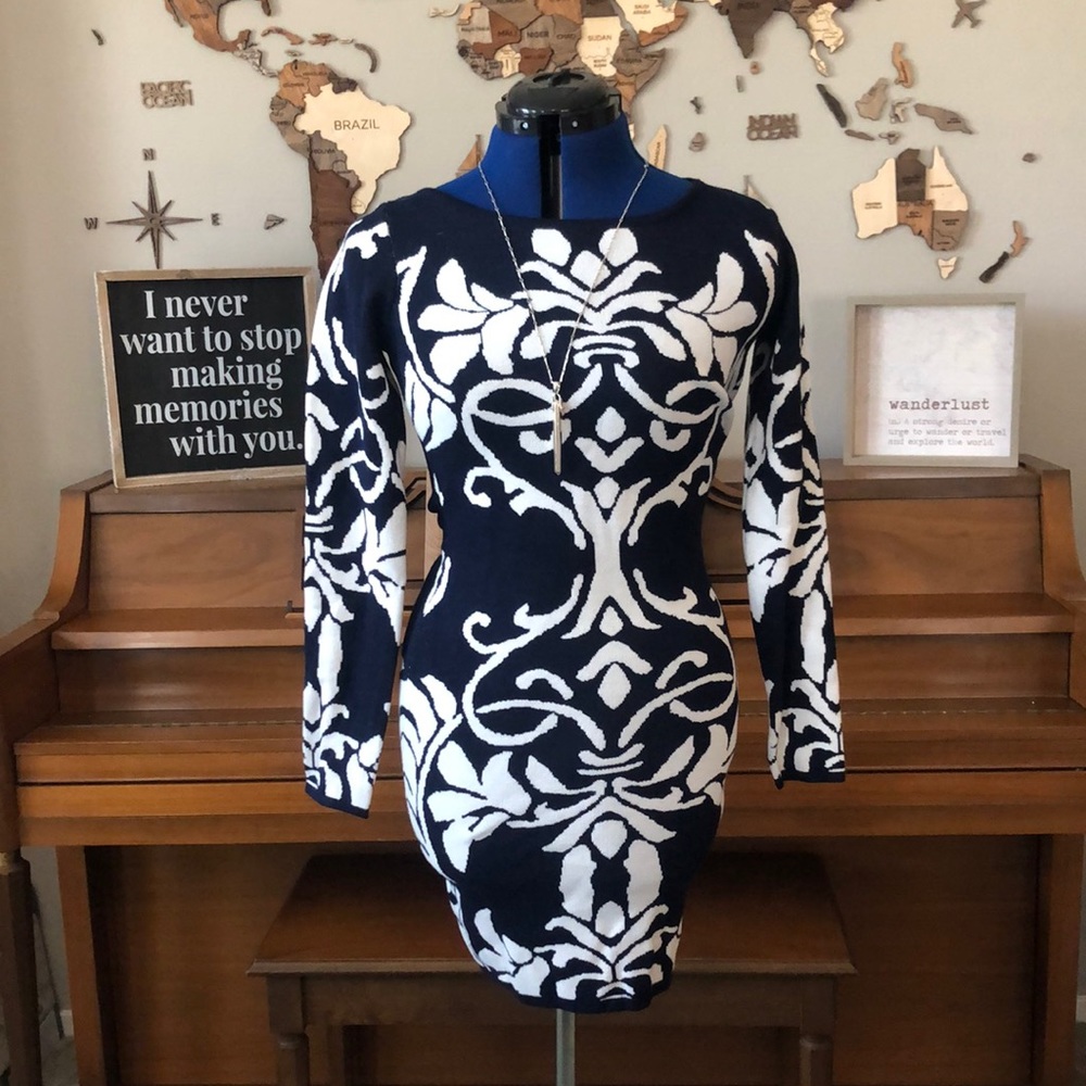 Damask print sweater midi dress
